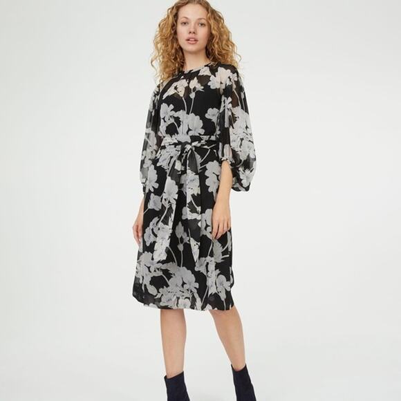 Club Monaco Linettah Midi Dress Black Gray Floral Tie Women's Size 00 - Picture 1 of 12
